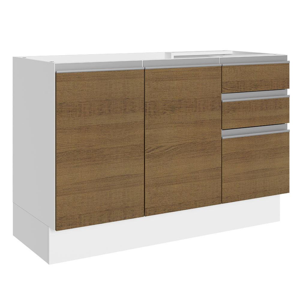 Balcão Gabinete Pia Armário Cozinha 100% MDF 120cm 3 Portas 2 Gavetas Branco/Rustic Acordes Madesa - Home & Living