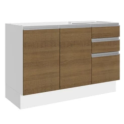 Balcão Gabinete Pia Armário Cozinha 100% MDF 120cm 3 Portas 2 Gavetas Branco/Rustic Acordes Madesa