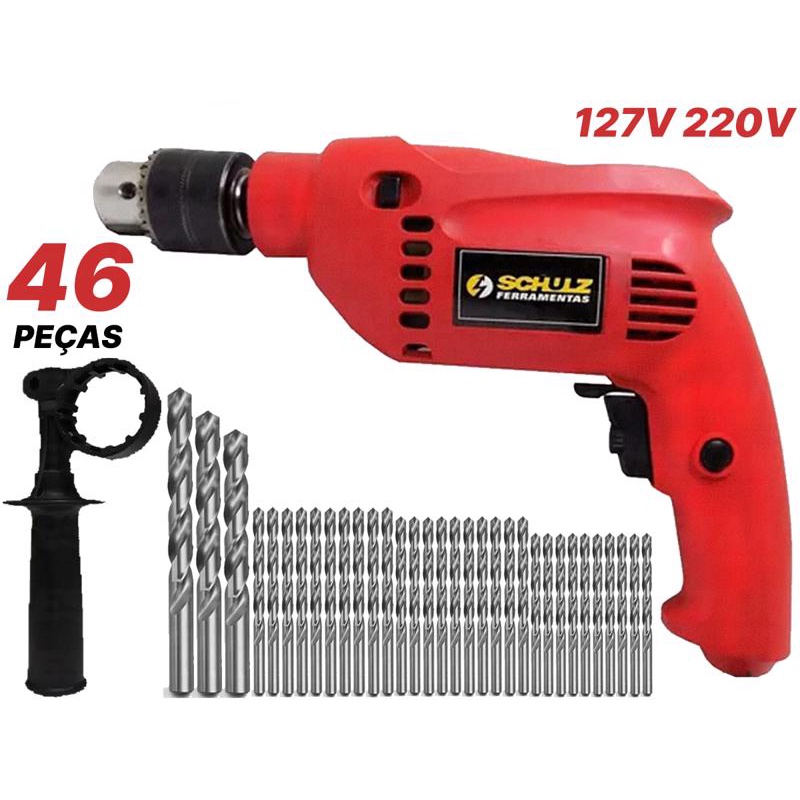 Kit Furadeira Parafusadeira Martelete Elétrica 13mm 500W Mandril 1/2