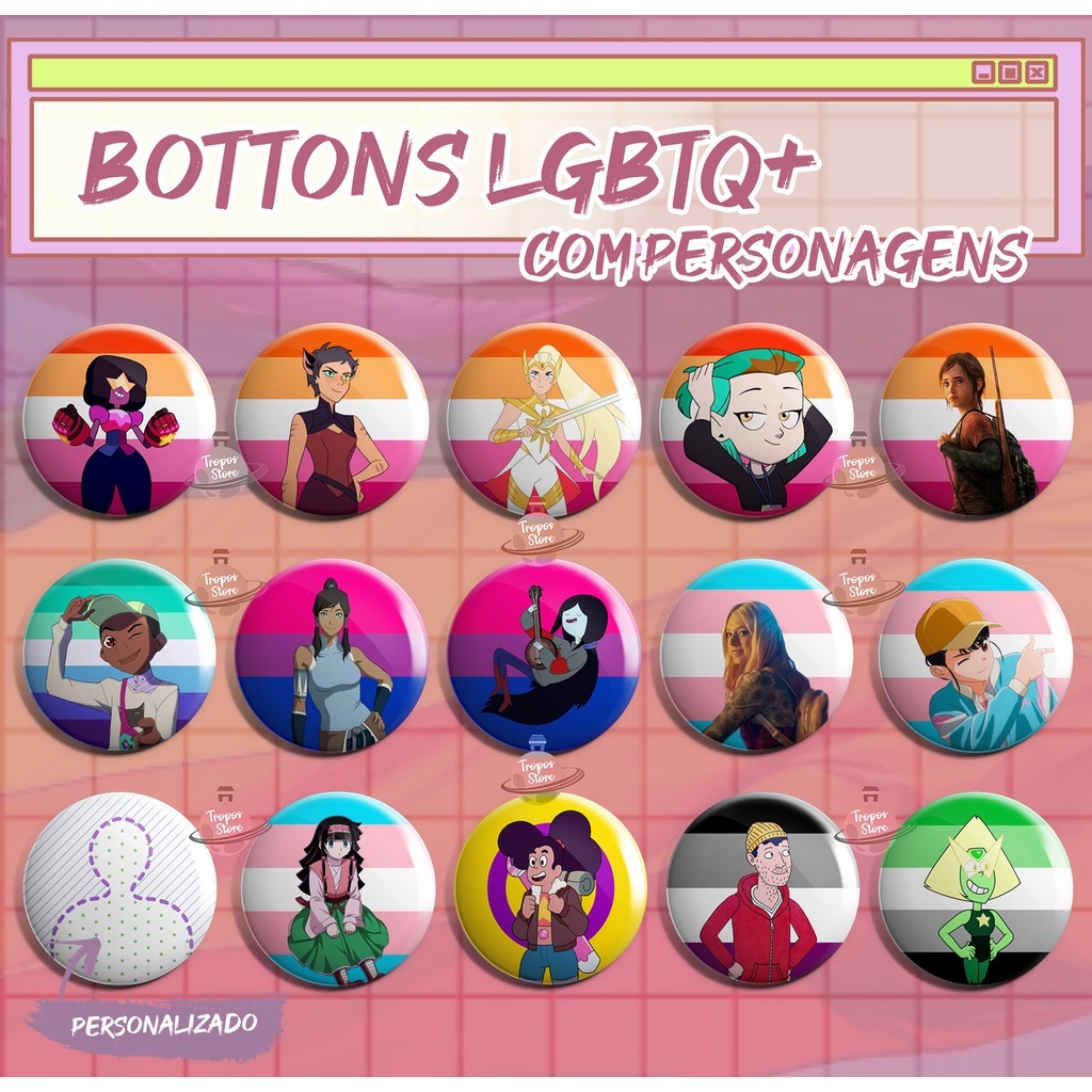 Bottons Bandeiras LGBTQ+ Com Personagens - Orgulho - LGBT - Queer