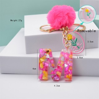 Moda 26 Letras Chaveiros Para Bolsas Femininas Acessórios A Z Alfabeto De Resina Chaveiro Com Pompom Rosa Pendente Flor