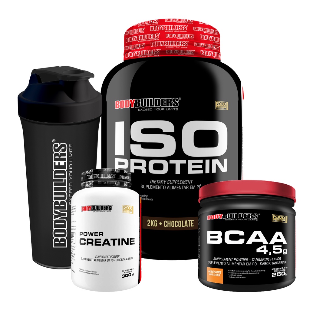 Kit Iso Whey Protein 2kg + Creatina 300g  + Bcaa 250g + Coqueteleira - Bodybuilders