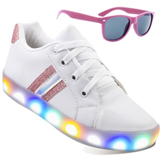Kit Tenis Feminino Infantil De Led Meninas Light Casual Branco Blogueira Tendência + Óculos Linkito em Oferta na Shopee