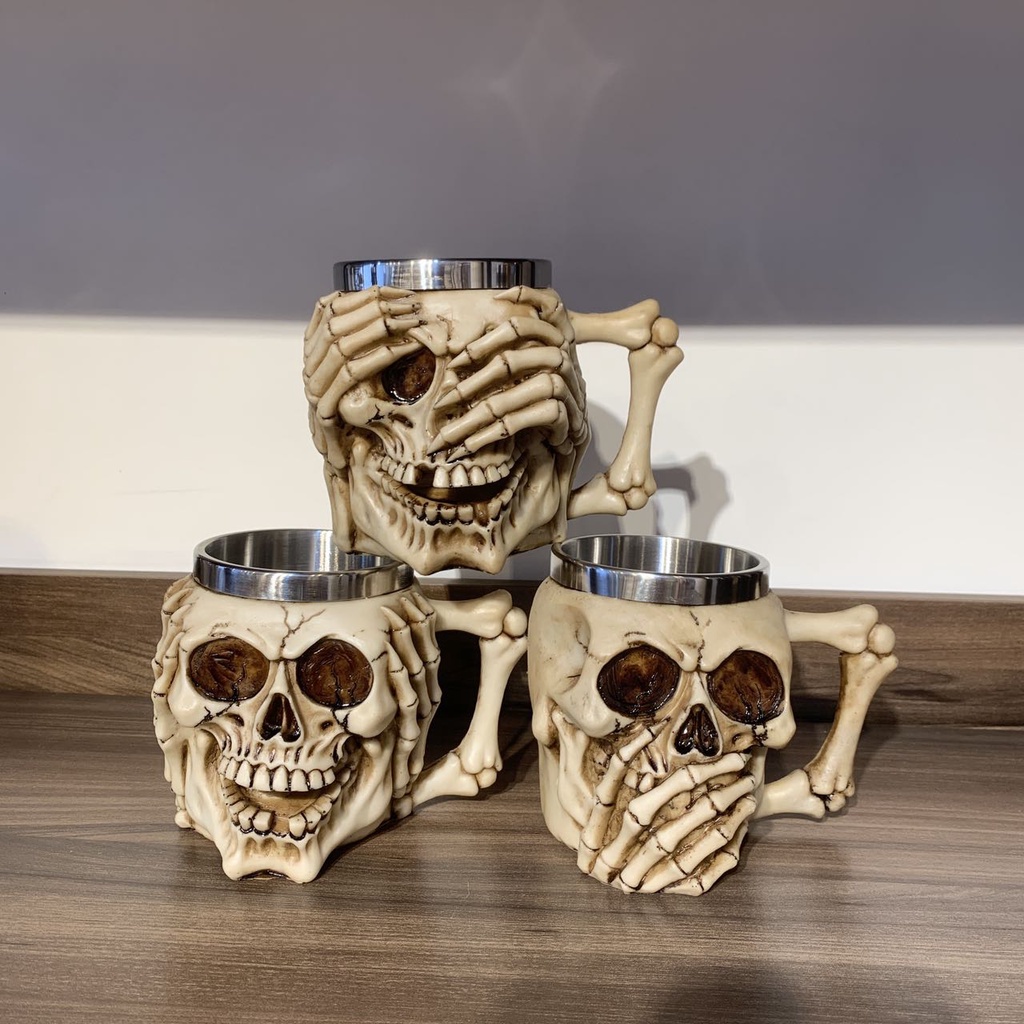 Caneca Caveira Não Fale , Não Olhe , Não Escuta Inox Resina 400ml