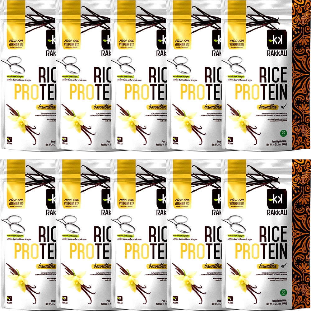 Kit 10 Rice Protein Baunilha Rakkau 600g - Vegano - Proteína de Arroz