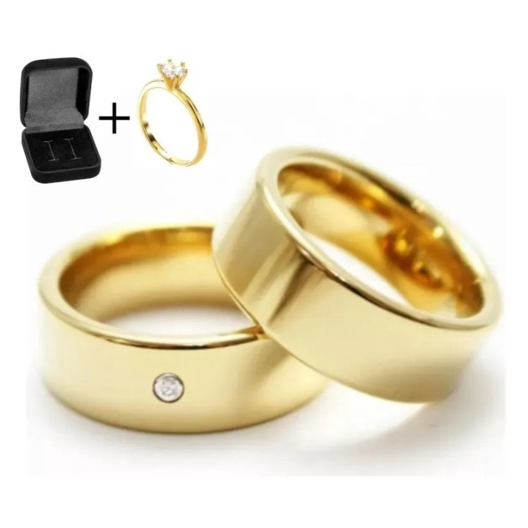 Par de aliança casamento 6mm noivado reta banhado moeda antiga lisa com pedrinha e lisa + Anel solitário