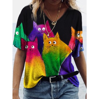 2022 Novas Mulheres Verão Camisetas De Biqueira top y2k Print Tops Tee Ladies V-Neck Short Sleeve Pullover Streetwear cat Camiseta