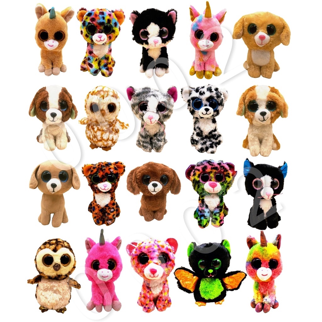 Kit 50 Pelúcias Animais Olhos Brilhantes Tynny Zoiudo Animal Unicórnio Gato Cachorro Morcego 16 cm Atacado Máquina Grua