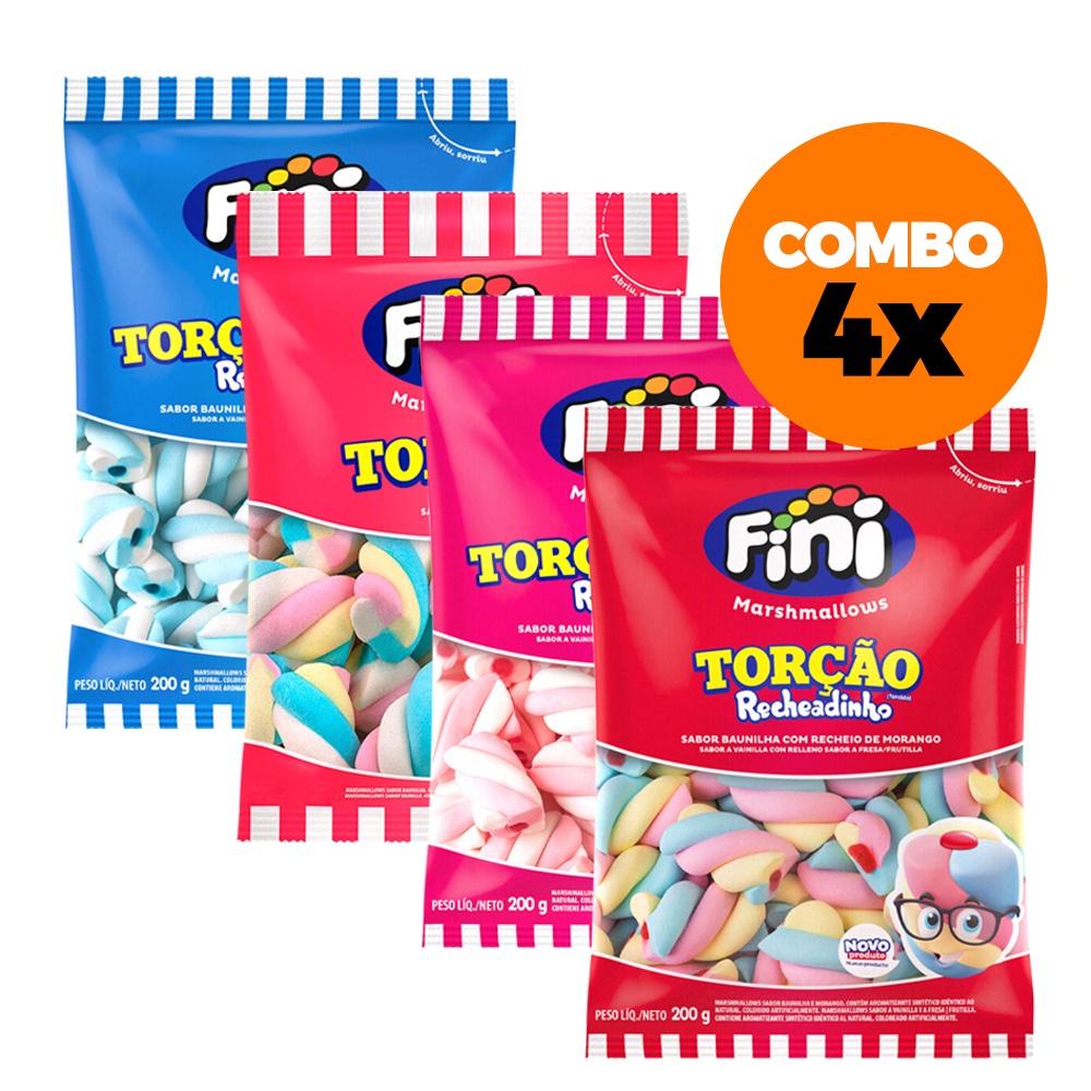 Combo Kit Fini Marshmallow Pacote Torção Recheadinho 200g Doce Colorido Marshmallows Rosa Azul