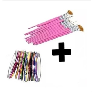 Kit Com 15 Pinceis Decoraçao De Unhas + 12 Fitas Metalizadas