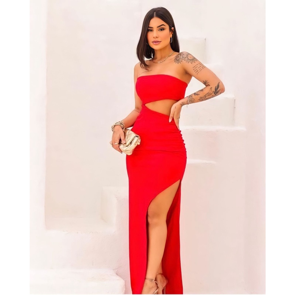 Vestido longo tomara que caia hot sale com fenda