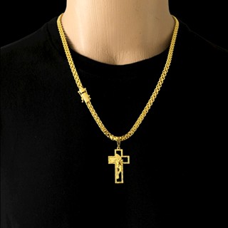 Cordão Cadeado Duplo 7mm CRUZ COM ROSTO DE JESUS Com 70 Centímetros Liga de Metal Especial BANHADO A OURO 18K - FEIXO GAVETA PREMIUM 3 TRAVAS