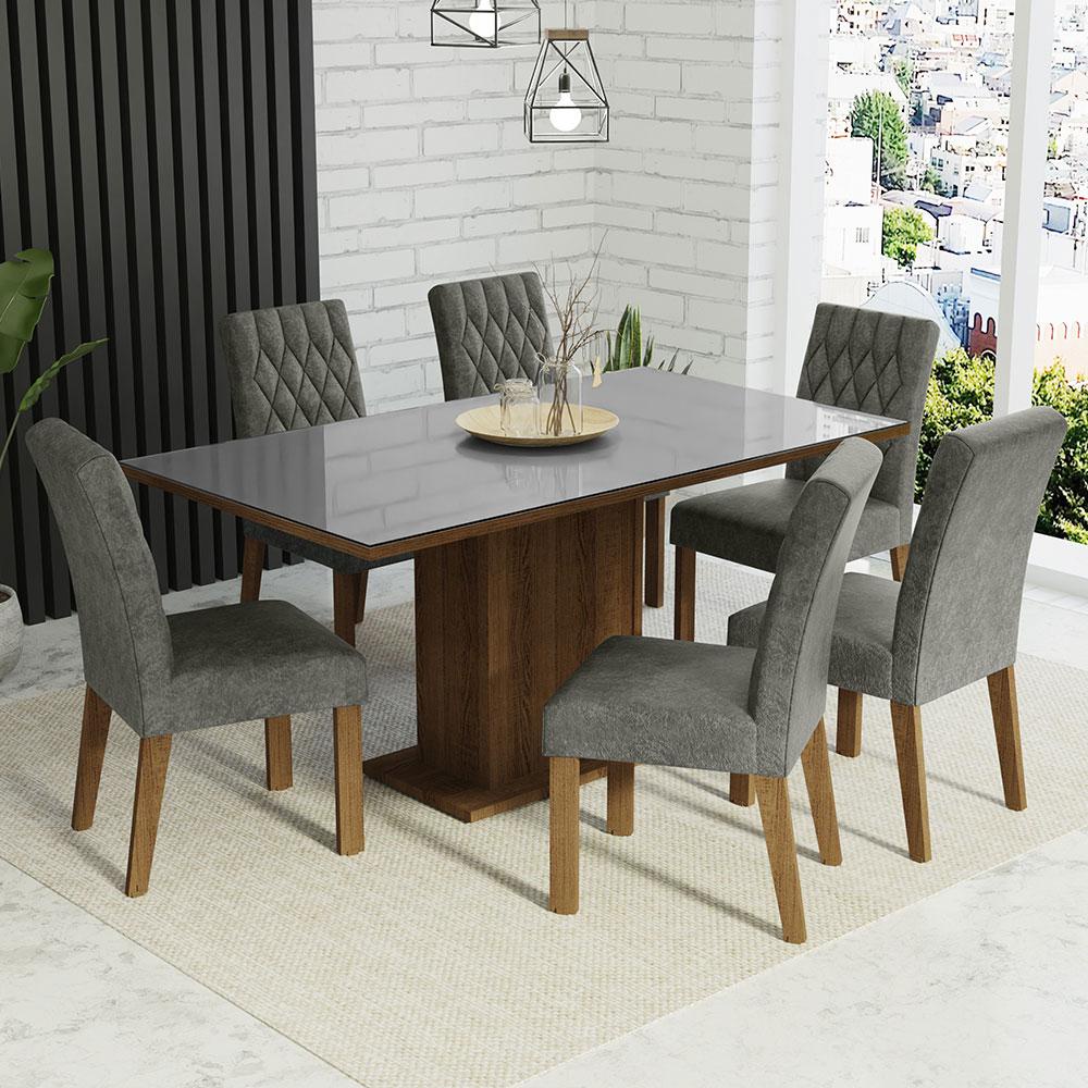 Conjunto Sala de Jantar Mesa Tampo de Vidro 6 Cadeiras Rustic/Cinza/Silver Geórgia Madesa - Home & Living