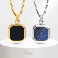 Vnox 15mm Colar Pingente Quadrado Para Homens , Gemétrico De Pedra Lazuli Lapis Com Corrente De Caixa , Coleira De Pescoço Esportivo Simples