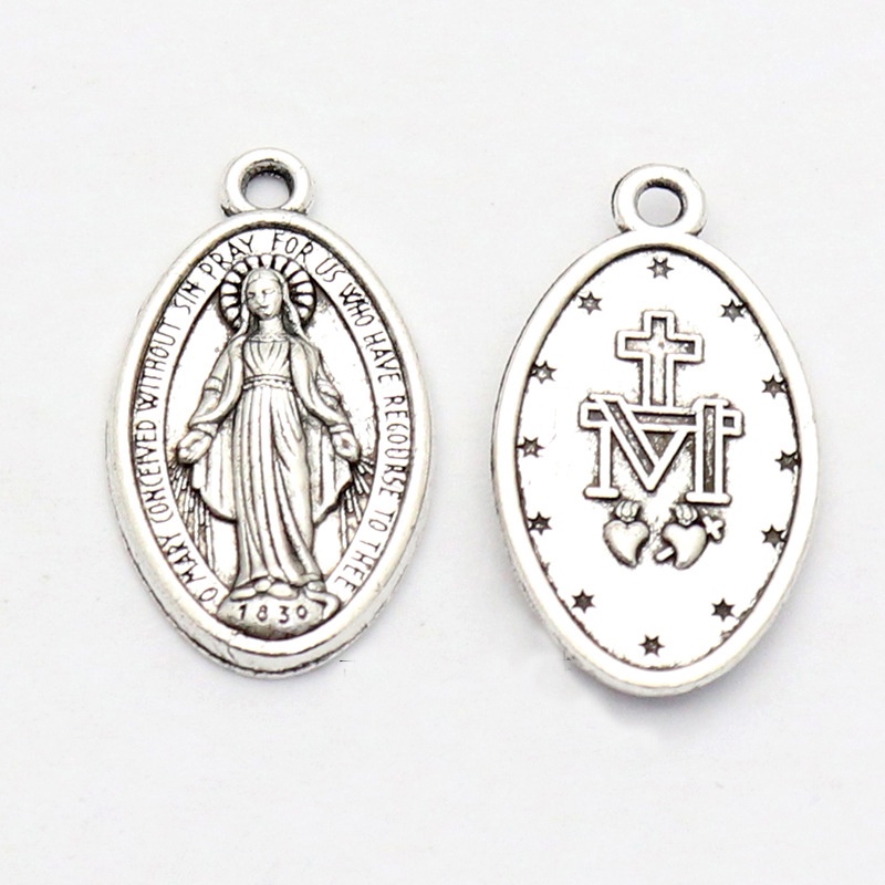 10 Peças Pingente De Medalha Da Virgem Maria Nossa Senhora-Amuletos Religiosos Ovais De Prata Para Fazer Rosário , Acess