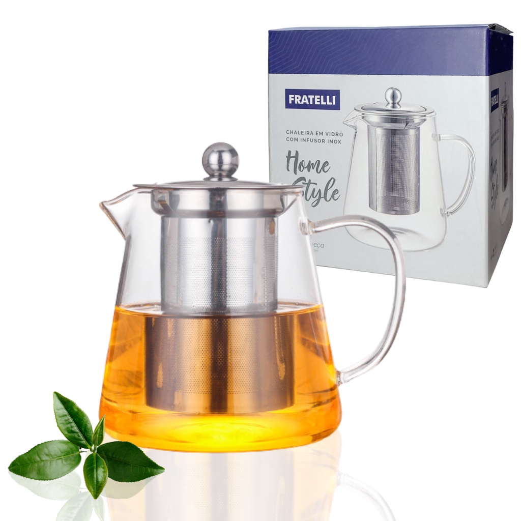 Chaleira De Vidro Borossilicato Bule Com Infusor Inox Para Chá 750ml