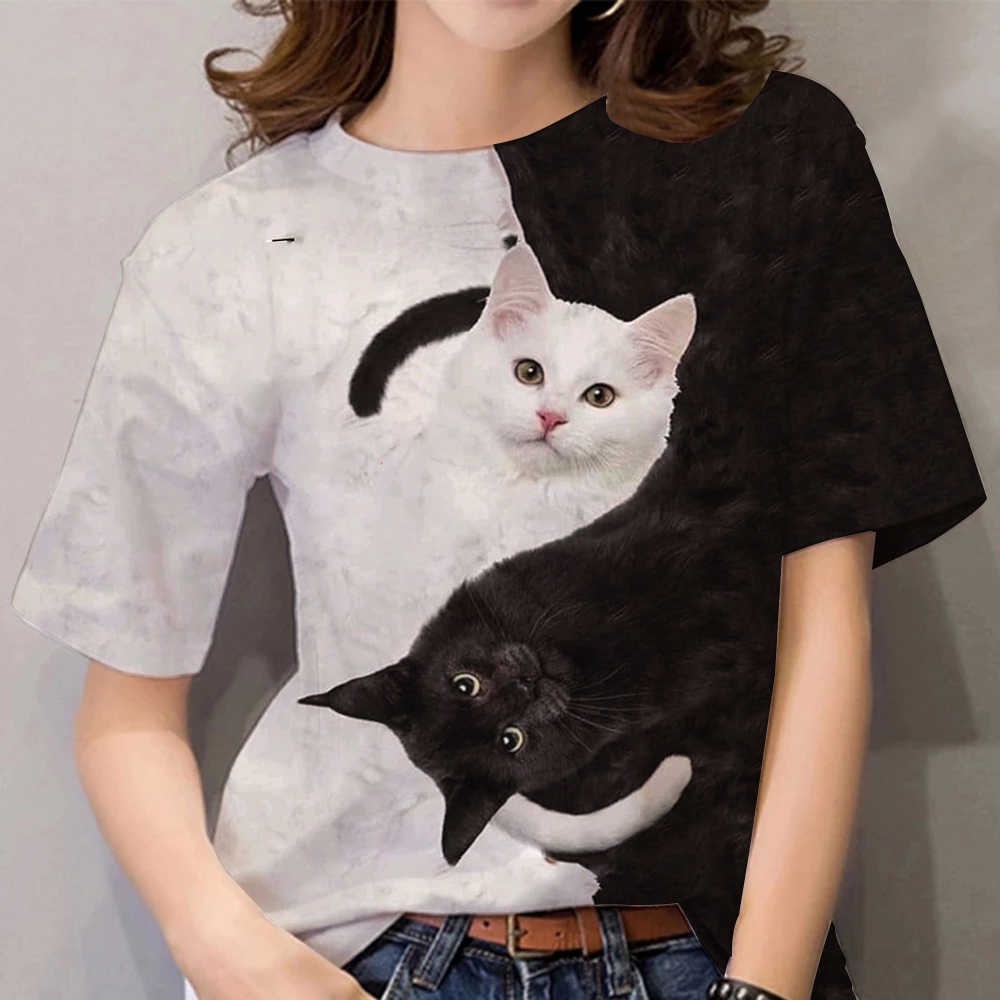 Camiseta De Gato Estampada 3D harajuku Mulheres Novidade Manga Curta Blusas