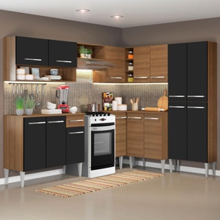 Armário de Cozinha Completa de Canto Madesa Emilly Rock com Balcão e Adega - Rustic/Preto em Oferta na Shopee