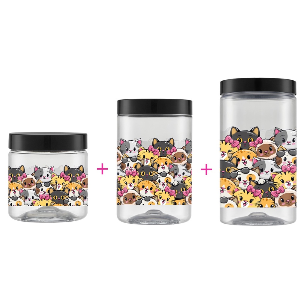 Kit 3 Potes Plásticos Gatinhos Fofos (Mix de Gatinhos) 1L 1,5L e 2L BPA Free Mantimentos Biscoitos Ração para Pet