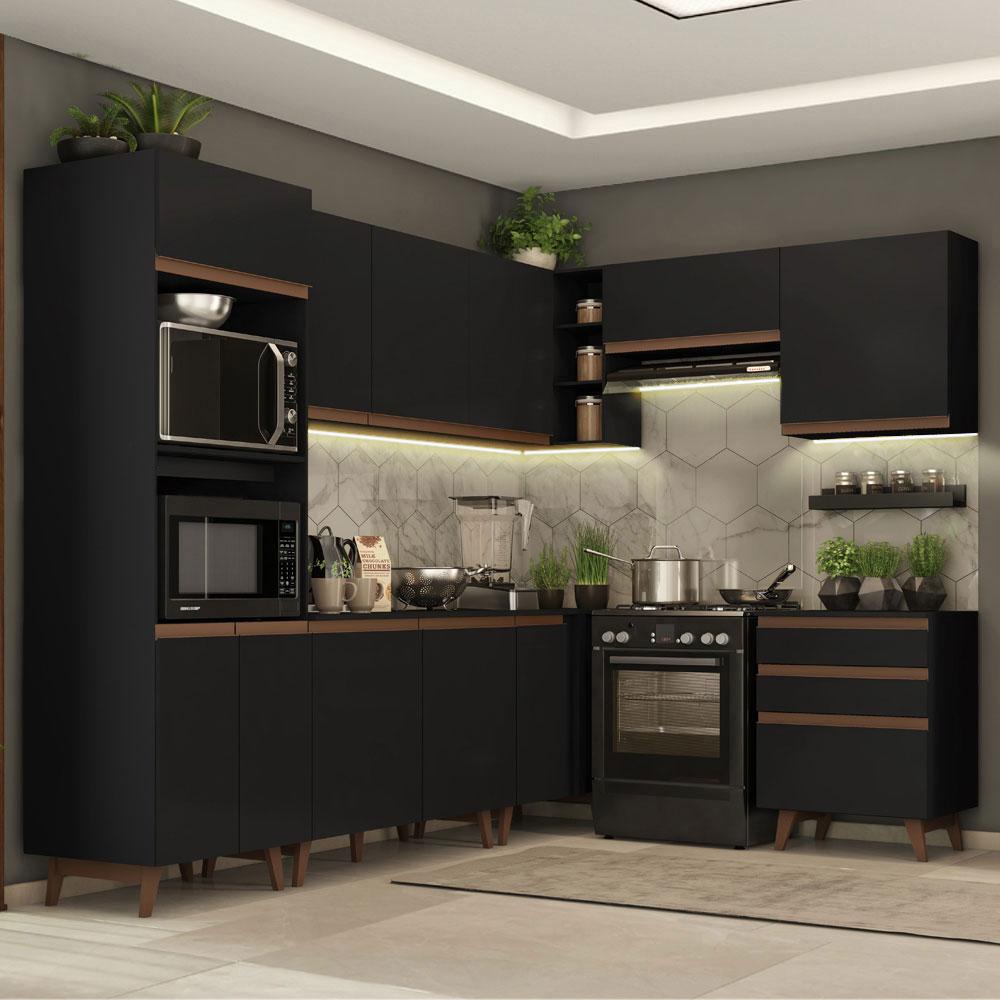 Cozinha Completa de Canto Madesa Reims 462002 com Armário e Balcão - Preto - Home & Living