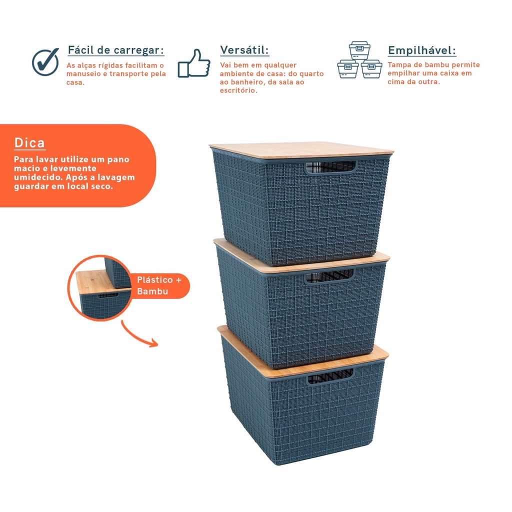 Detalhes do kit 3 caixas organizadoras com tampa de bambu 18L cinza - oikos