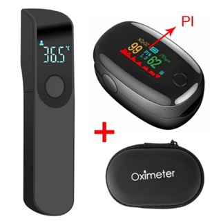 Kit Oxímetro de Dedo Digital e Termômetro Infravermelho de Testa Sem Contato Com Led
