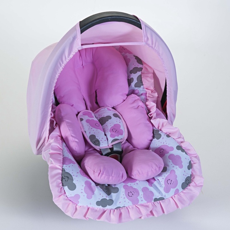 Kit 05 Peças Completo Capa do Bebê Conforto + Apoio Redutor + Capota Solar + Protetores Cinto Rosa