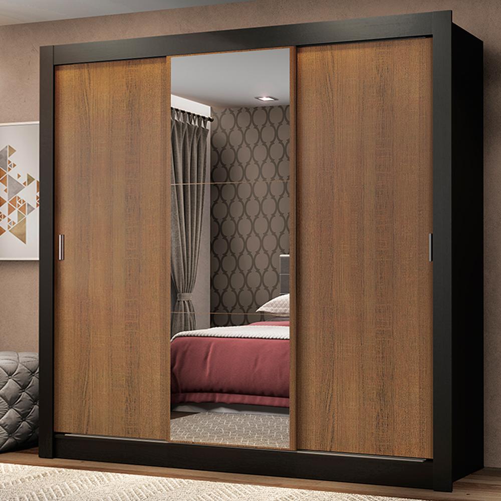 Guarda Roupa Casal Madesa Mônaco 3 Portas de Correr com Espelho - Preto/Rustic