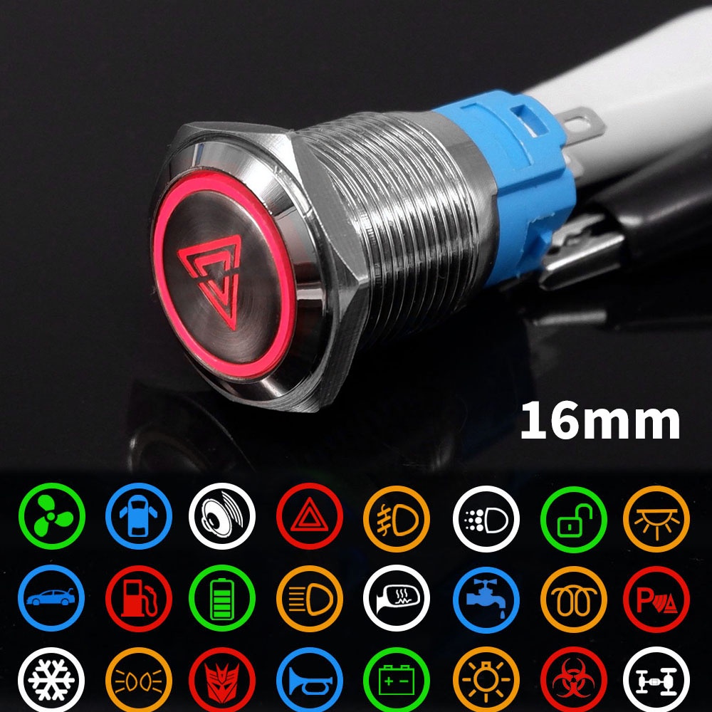 16mm Interruptor Com Botão De Pressão De Metal Personalizado De Fio Laser Luminoso À Prova D'água Momentário De 12V 24V