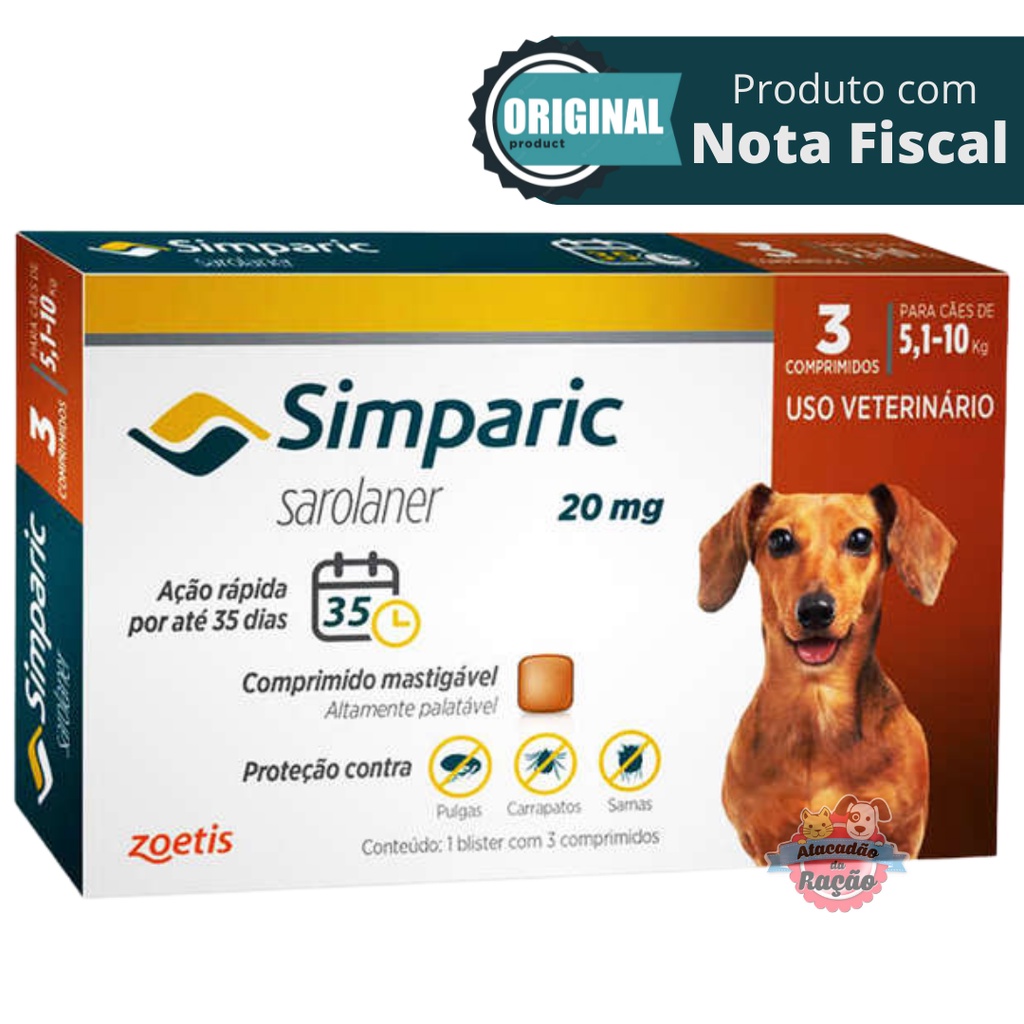 Simparic Antipulgas e Carrapatos para Cães 20mg  de 5,1 a 10 kg de 3 Comprimidos - Pets