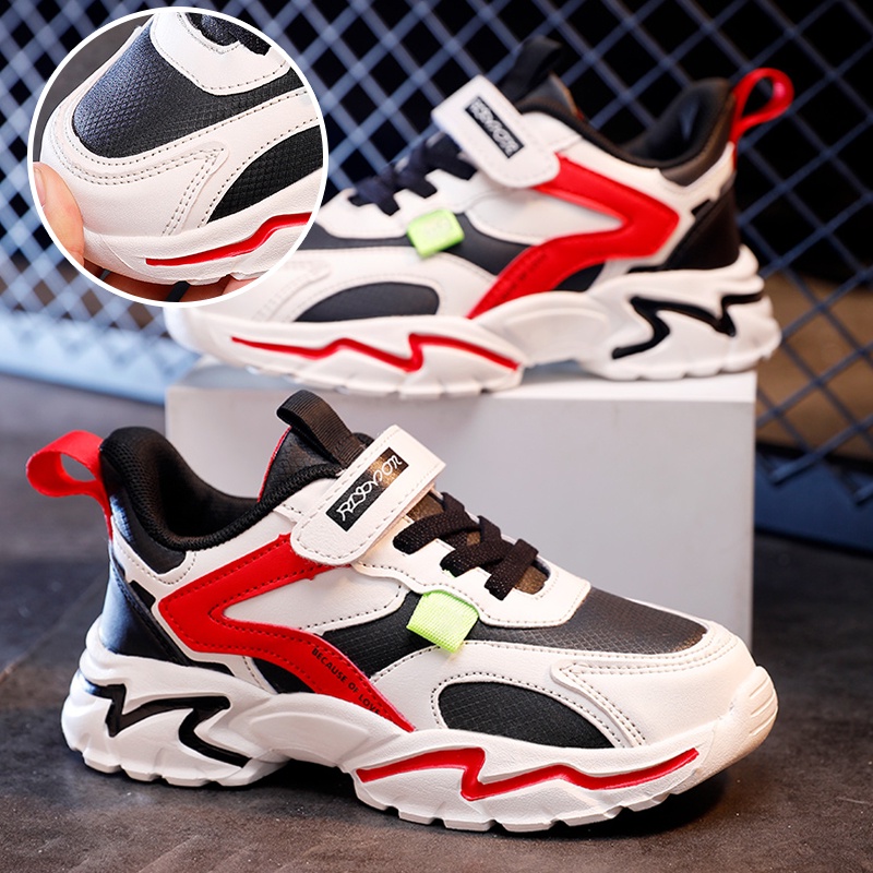 Childrens sports leather shoes for men's and women's tennis lightweight outdoor red and black breathable soft size 28-40