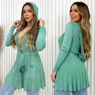 cardigan liso Femininas longa fino com toca/J2111