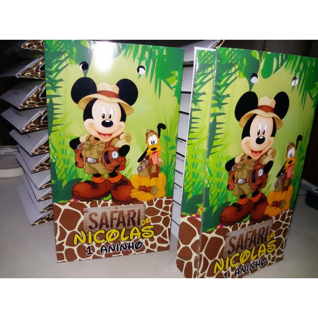 20 mini sacolinha surpresa 10x18 lembrancinha aniversário mickey mouse safari personalizada