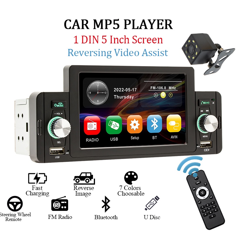 PolarLander - Autoradio 1 DIN Avec CarPlay & Android Auto + 4 LED Caméra De Recul - Bluetooth 5.0, écran Tactile 7 Pouces, Télécommande Volant