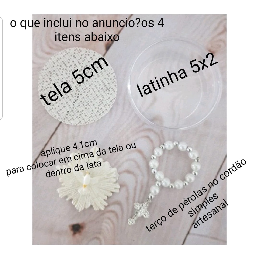 Detalhes do kit Lembrancinhas de batismo sem montar 10 latinha + 10 mini terço + 10 tela +10 aplique