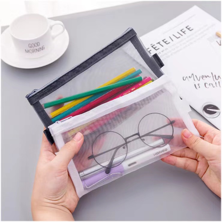 Estojo para lápis de malha transparente simples Office Estojo para lápis de estudante Nylon Kalem Kutusu Material