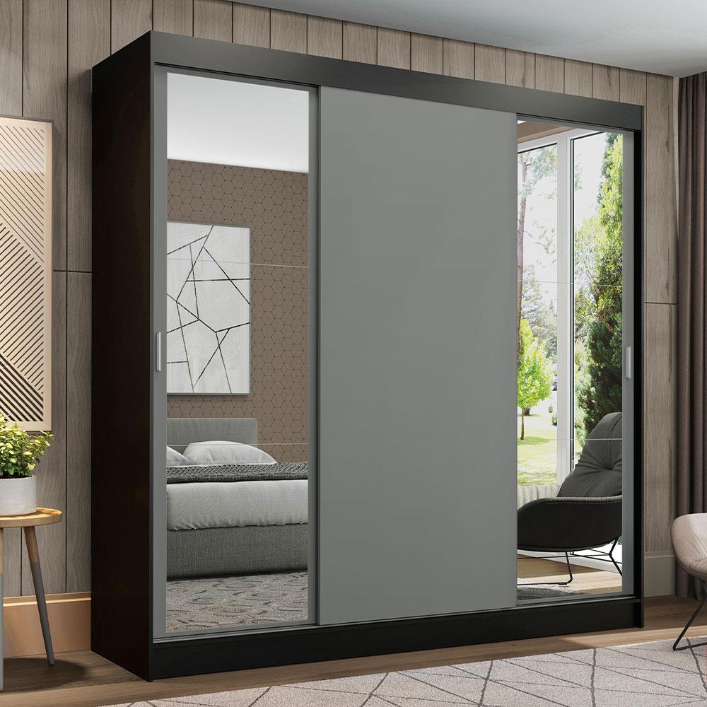 Guarda-Roupa Casal Madesa Reno 3 Portas de Correr com Espelhos - Preto/Cinza - Home & Living