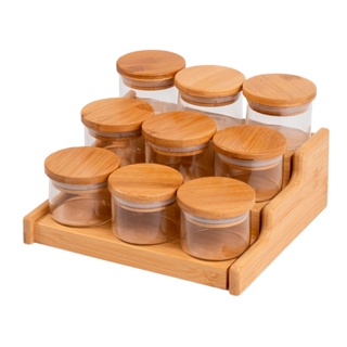 kit 9 potes 110ml tampa bambu e rack organizador bambu Oikos em Oferta na Shopee