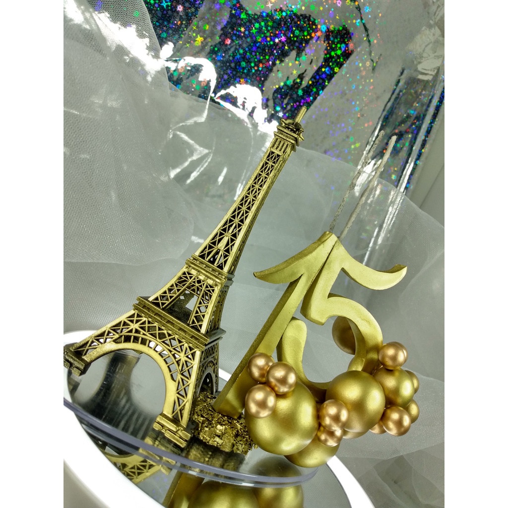 topo vela topper 15 anos torre eiffel paris debutante dourado com balões dourados