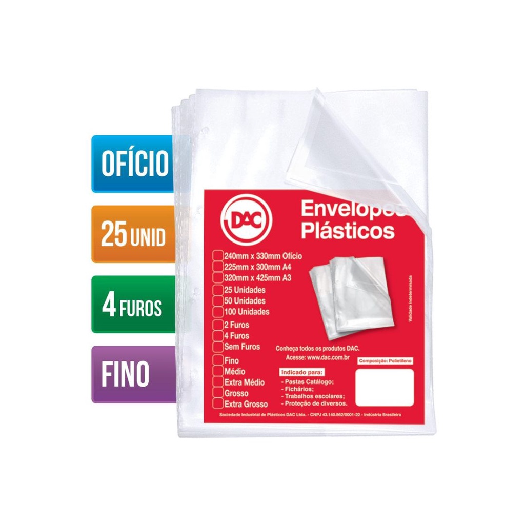 Envelope Plástico 0,06 Fino 4 Furos 25 Unidades 5070-25 Dac — R$ 11,50 em Shopee