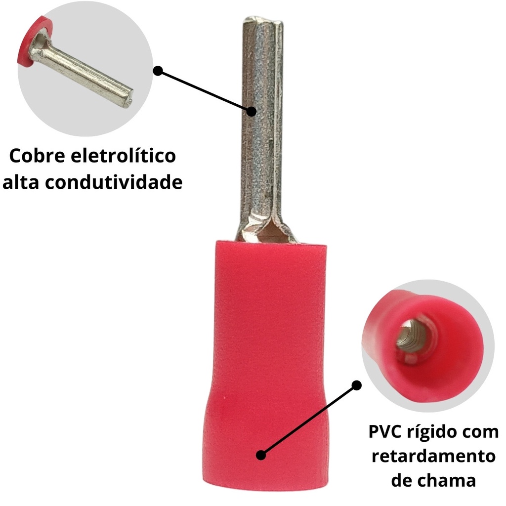 Kit 20 Peças Terminais Pino Curto Agulha Isolado 0,5 a 1,5mm Conector Vermelho Eletrico Tubular · foto 2