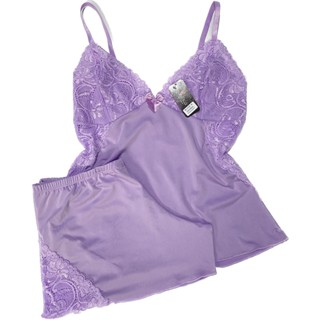Short Doll Luxo Baby Doll Liso Detalhes em Renda Pijama Feminino