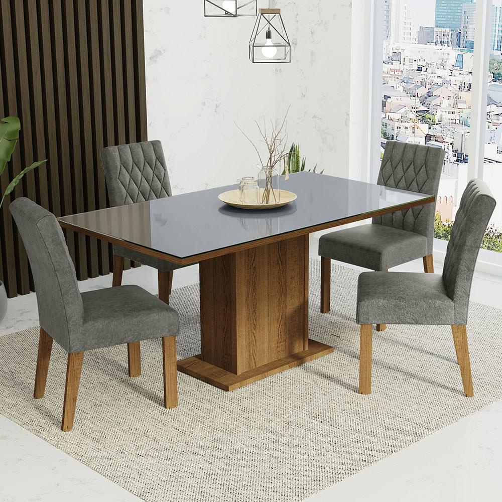 Conjunto Sala de Jantar Mesa Tampo de Vidro 4 Cadeiras Rustic/Cinza/Silver Marilia Madesa - Home & Living