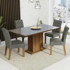 Conjunto Sala de Jantar Mesa Tampo de Vidro 4 Cadeiras Rustic/Cinza/Silver Marilia Madesa