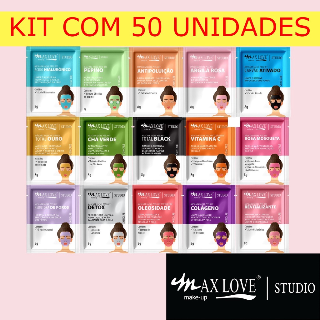 Kit com 50un Máscara Facial Max Love Sachê 8g cada para Skin Care e Limpeza de Pele