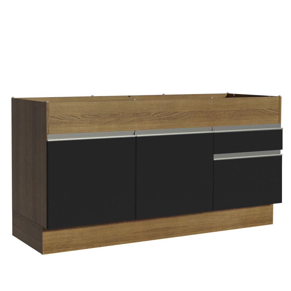 Balcão de Pia Armário Cozinha 150 cm 2 Portas 2 Gavetas (Sem Tampo e Pia) Rustic/Preto Glamy Madesa