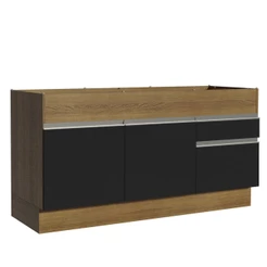 Balcão de Pia Armário Cozinha 150 cm 2 Portas 2 Gavetas (Sem Tampo e Pia) Rustic/Preto Glamy Madesa