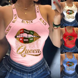 Harajuku Summer Ladies Shirts Thin Fit Camisetas Sem Mangas De Poliéster T U Neck Letter Print Lips Vest R9FU