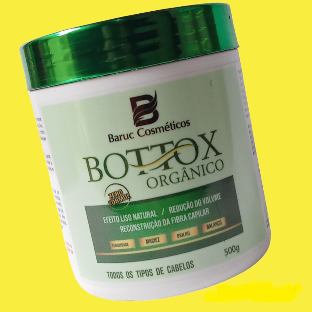 Botox Organico de 500g para todos os Tipos de Cabelos Sem Formol na Reconstrução da Fibra Capilar da Baruc Cosméticos Creme efeito liso Natural e Redução de Volume.