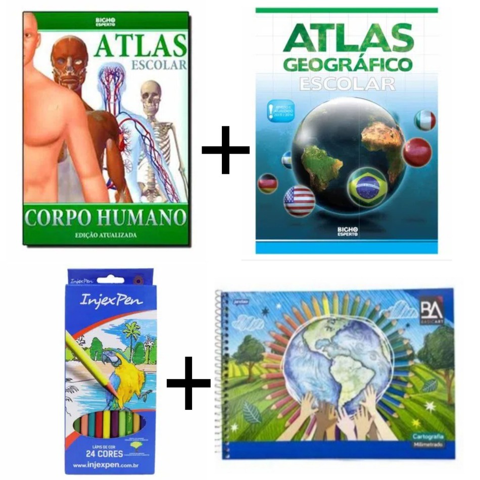 Atlas Corpo Humano + Geográfico + Cartografia + 24 Lápis Cor
